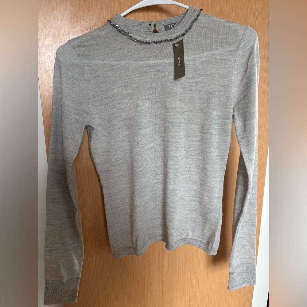J. Crew Light Gray Merino Wool Sweater with Sequin Collar - XS